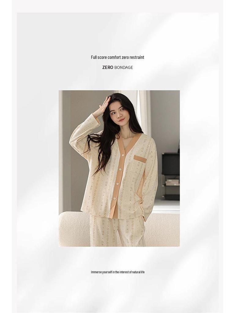 2025 Women's 100% Pure Cotton Pajamas: Long Sleeve Plus Size, Solid Color, Wearable Outside - Perfect for Autumn and Spring.