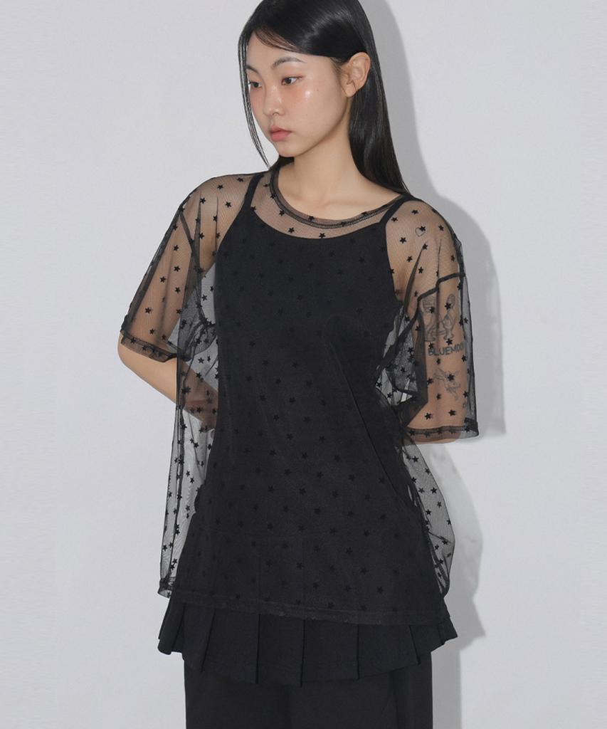CHICKS Star Mesh Oversized Short Sleeve Tee Black