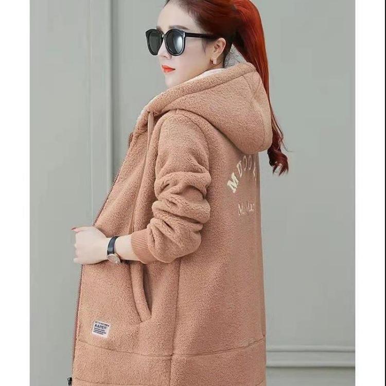 Winter Trendy Thickened Fleece Lined Sweatshirt Hooded Cardigan Lamb Wool Jacket for Women