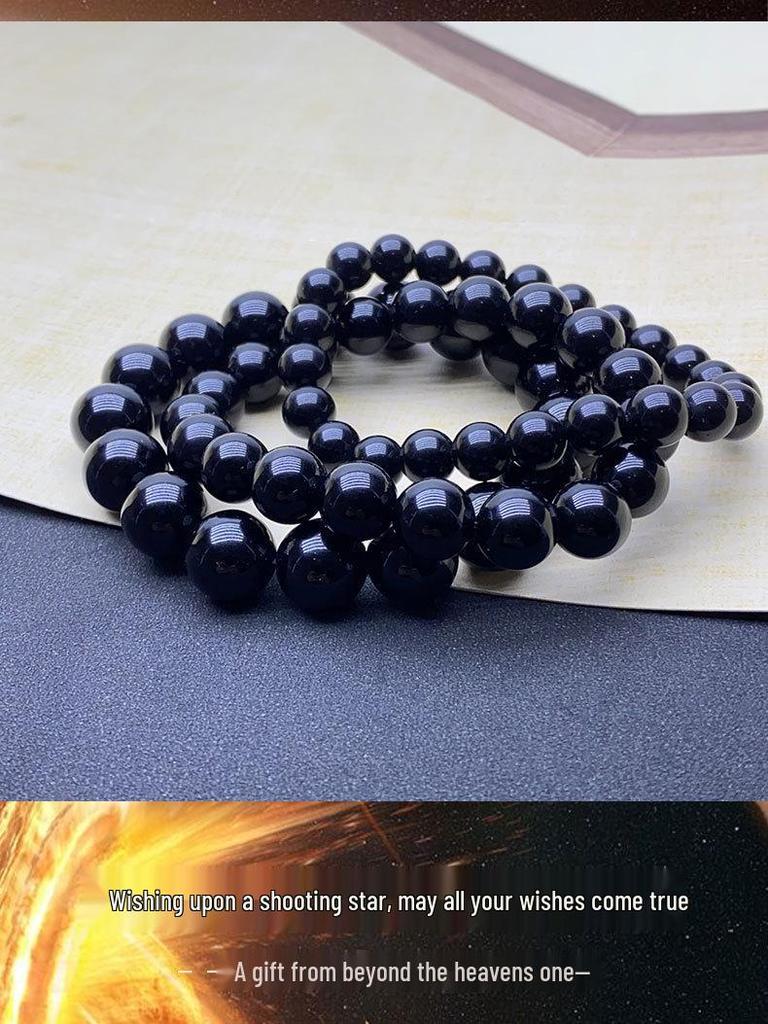 Natürliches Tektitglas Meteoritenarmband mit runden schwarzen Perlen