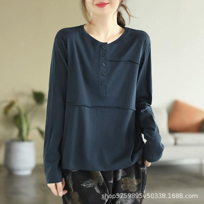 Nuova Maglietta a Maniche Lunghe Retro Primavera e Autunno per Donna, Casual e Snellente, Camicia con Fondo Bottoni a Contrasto, Top per Donna, 2025