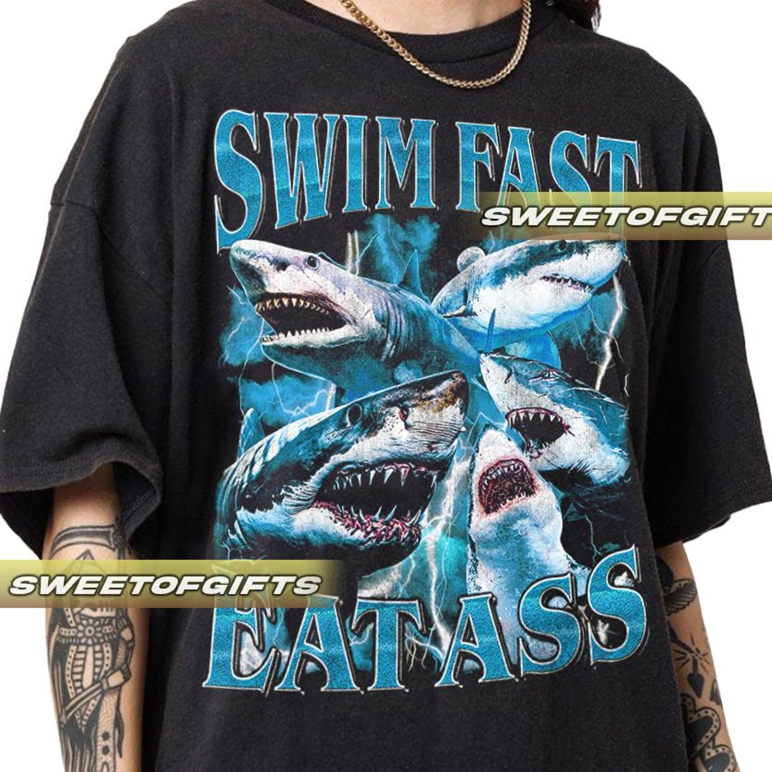 Limited Swim Fast Eat Ass Funny Sharks Vintage T-Shirt, Shirt Gift For Woman and Man Unisex T-Shirt GP02 S