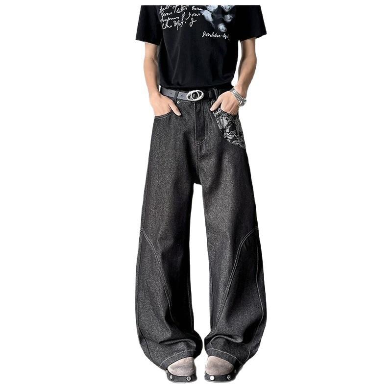 American cleanfit retro jeans men's summer primary color splicing jacquard deconstruction loose wide-leg trousers