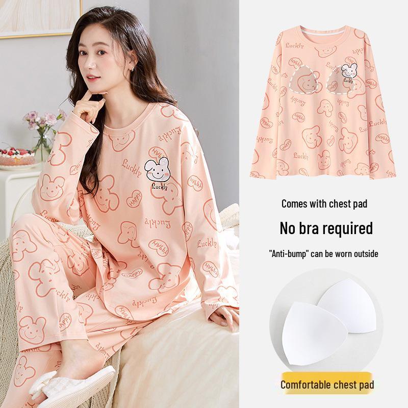 Women's 2025 Long-Sleeve Cartoon Pullover Pajamas with Chest Pad - Versatile Cotton Set for Indoor/Outdoor Wear (Autumn/Winter).