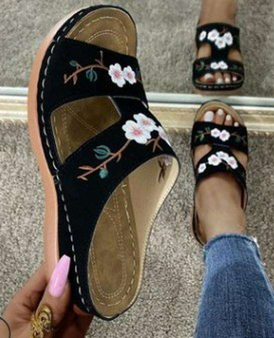 Women s Embroidered Flower Wedge Sandals, Hollow Design, Plus Size 43 38