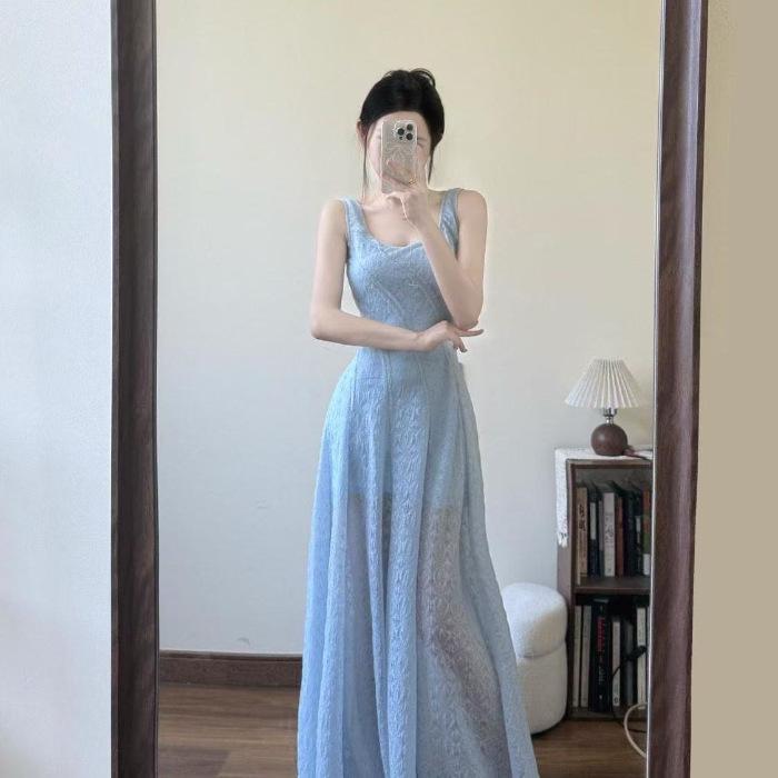 Women s Elegant French Blue Spaghetti Strap Square Neck Long Beach Dress S