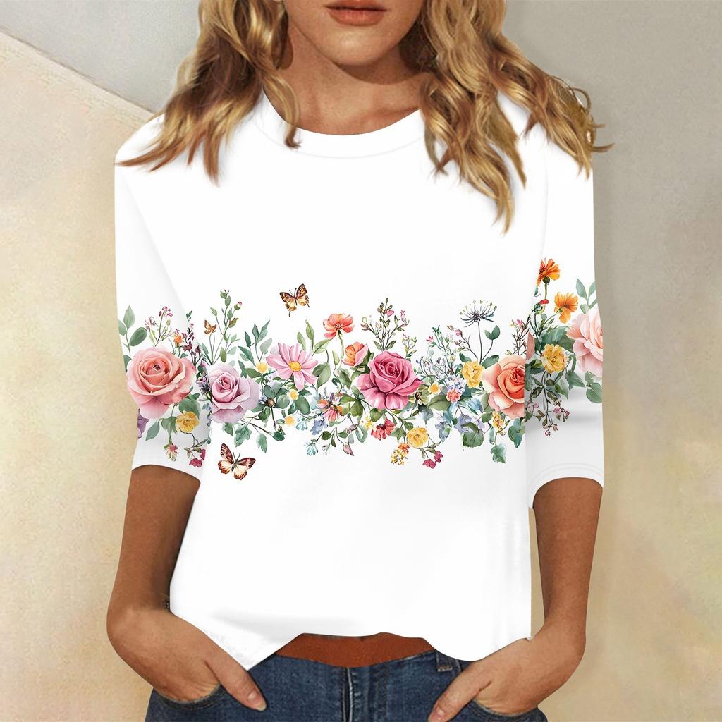 Modisches, lässiges Pullover-Oberteil mit Dreiviertelärmeln und bedrucktem Kragen für Damen