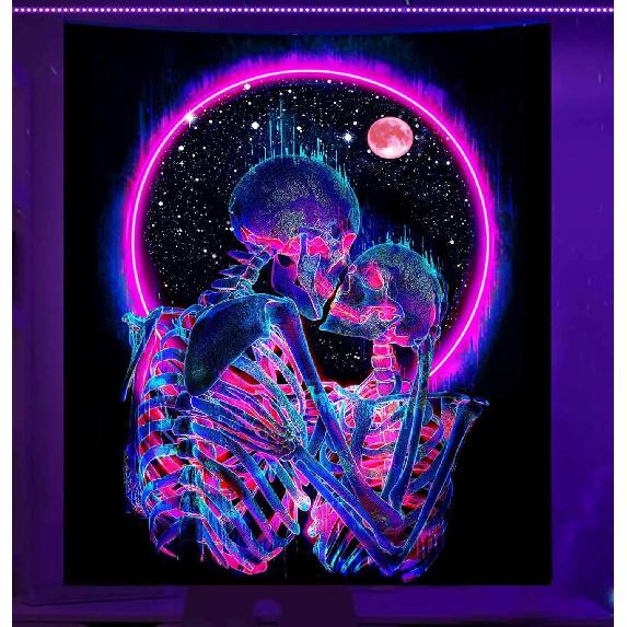 Onivein Blacklight Skull Tapestry Glow In The Dark Tapestry The Kissing Lovers UV Reactive Neon Moon Stars Tapestries Posters Wall Hanging for 39.4 L x 29.9 W