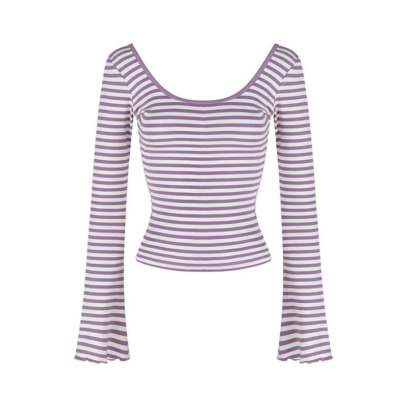 

Облегающая футболка с длинным рукавом и U-образным вырезом, на шнуровке, с открытой спиной и полосками, кружево - Коллекция Осень/Зима Large