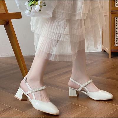 With Pearl Nude High Heels Thick Heel Skirt High-end Buckle One-word Bag Head Sandals Women's Summer