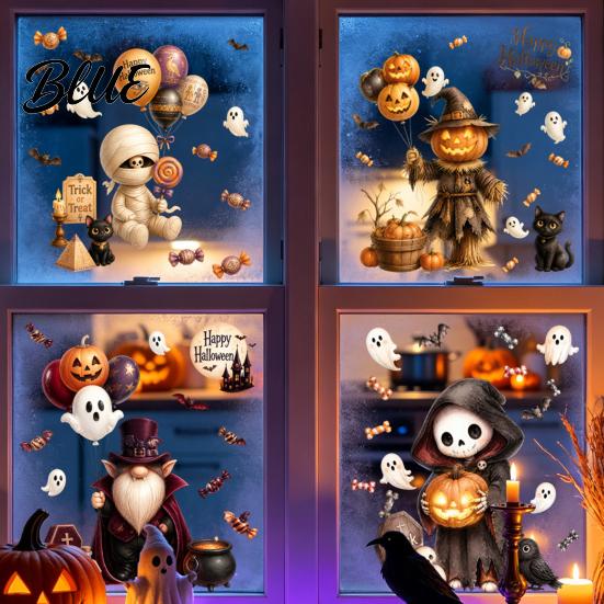 Waterproof Pumpkin Ghost Murals 4Pcs Halloween Cartoon Window Clings Scarecrow Stickers Fall Festival Ornaments Removable Decals for Home Storefront