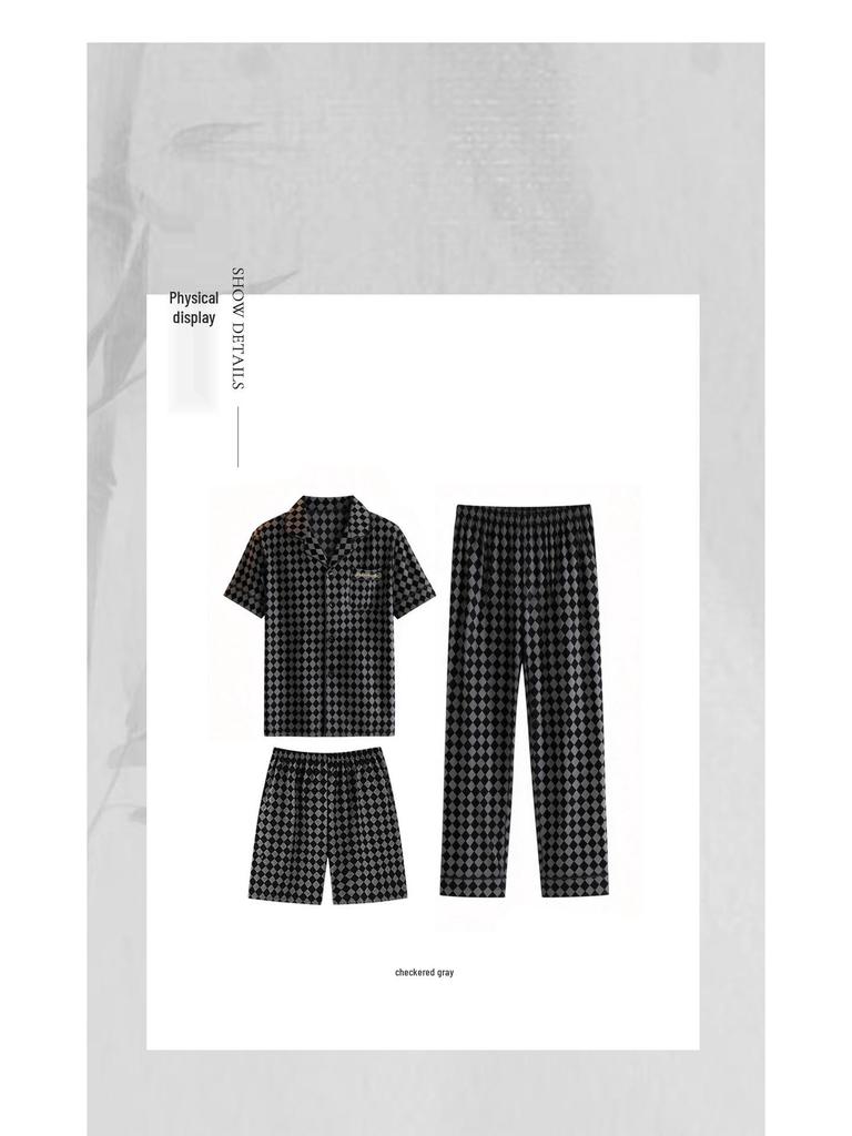Men's Korean Style Summer Cotton Pajama Set - Short Sleeve & Pants, 3-Piece Casual Homewear.