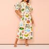 Summer Women's Elegant Casual Printed Bubble Sleeve Belted Long Dresses