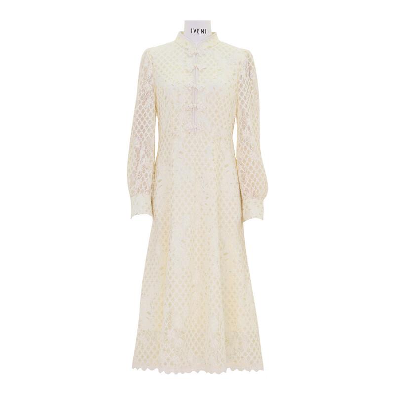 Iveni WEOQ337 Heavy Lace New Chinese Style Long Sleeve Dress