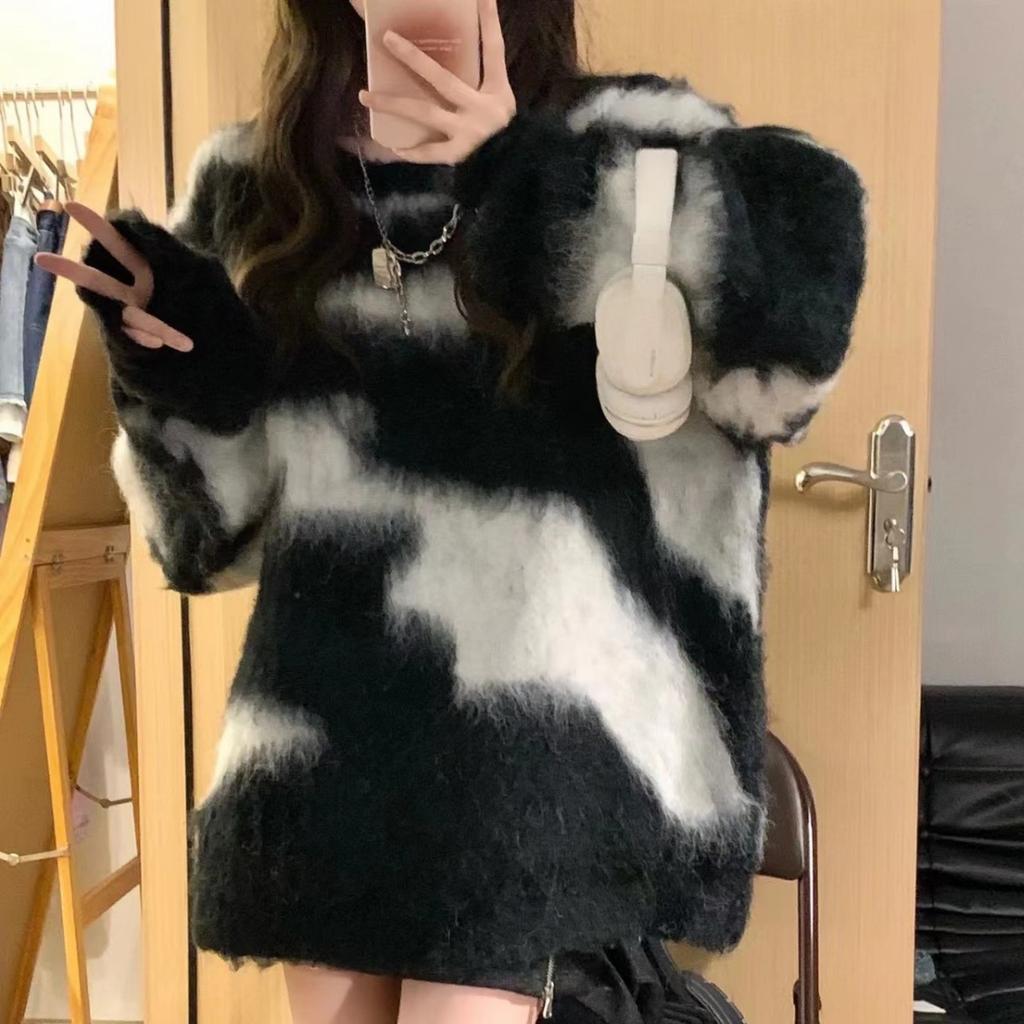 Ladies Autumn Winter Long Sleeve O Neck Color Block Knitted Plush Blouse Sweater Top