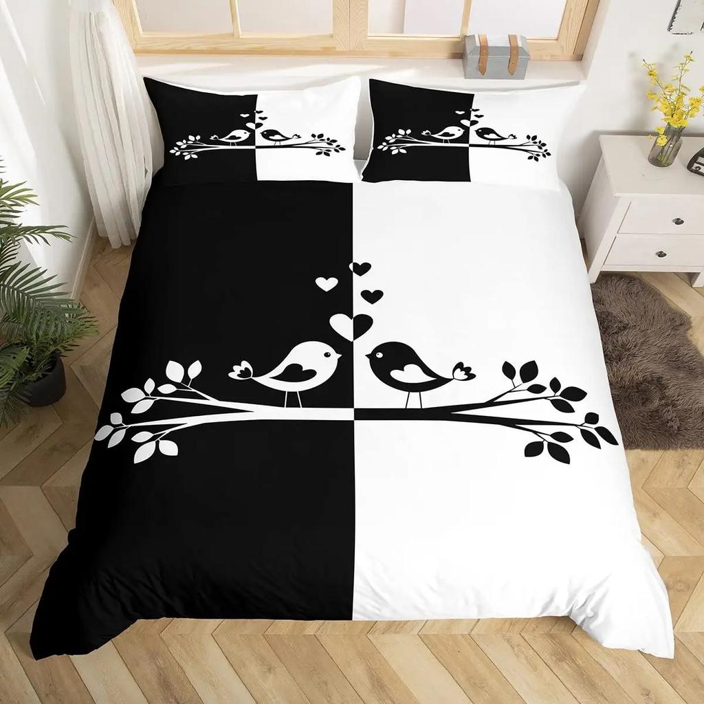 Paarvögel Bettbezug Queen Valentinstag Bettwäsche-Set Äste Tierische Steppdecke Rot Schwarz Liebesschlaftag Deckenbezug