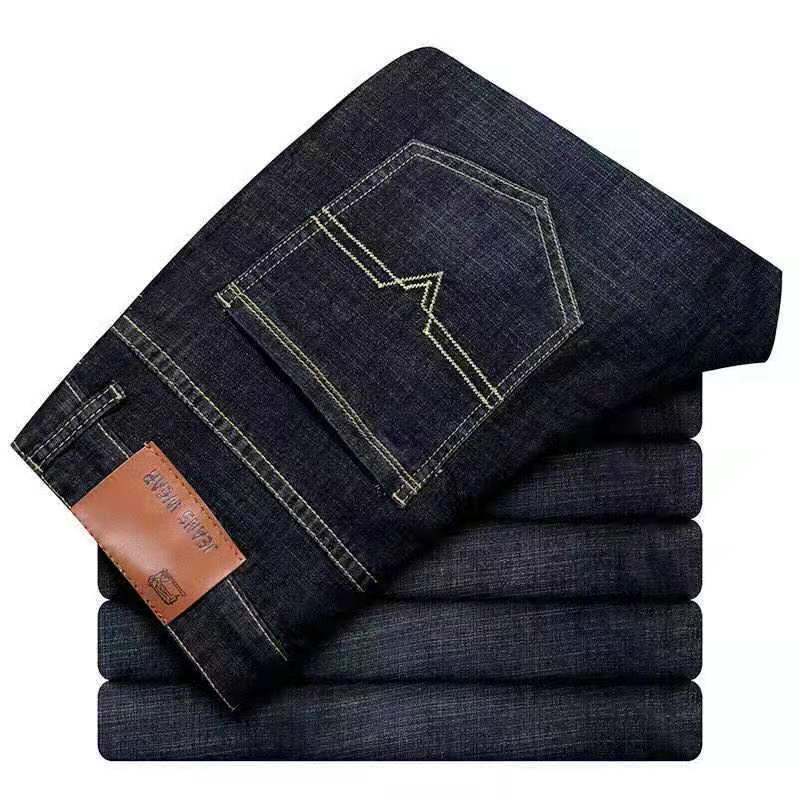 Men's Elastic Straight-Leg Casual Denim Pants - Loose Fit for Middle-Aged Dads