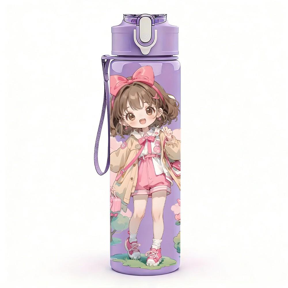 1PC Pink Dress Girl Bow Hair Decor Pattern 750ml Color Plastic Sports Water Bottle Leakproof Flip Straw Lid Suitable for Sports Office Home Use