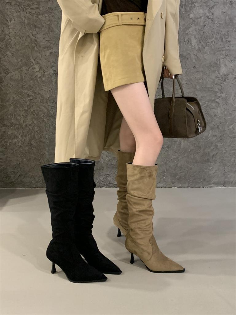 High Heel Pointed Khaki Suede Pile Boots Women's Shoes 2025 Autumn and Winter Single Boots Skinny Long Knight Boots