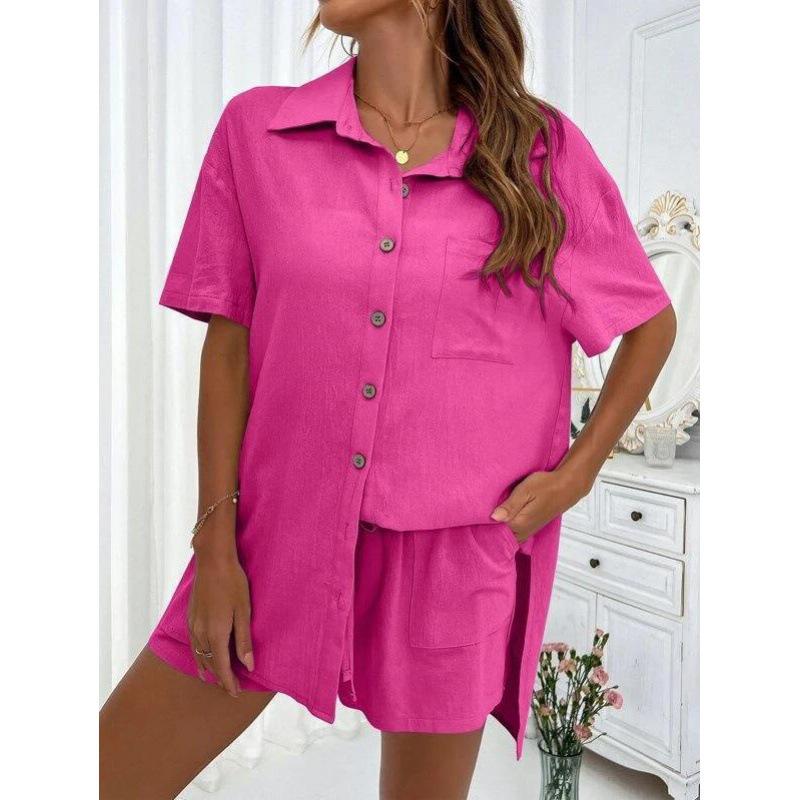 Women's Casual Solid Color Two-Piece Set: Short-Sleeved Shirt & Loose Shorts