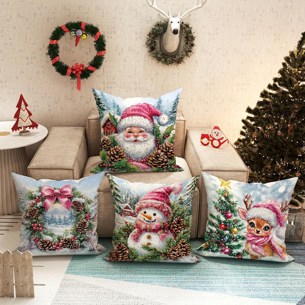 Cute Santa Claus Snowman Garland Pillowcase Christmas and New Year Gift Suitable for Home Room Living Room Sofa Cushion Cover