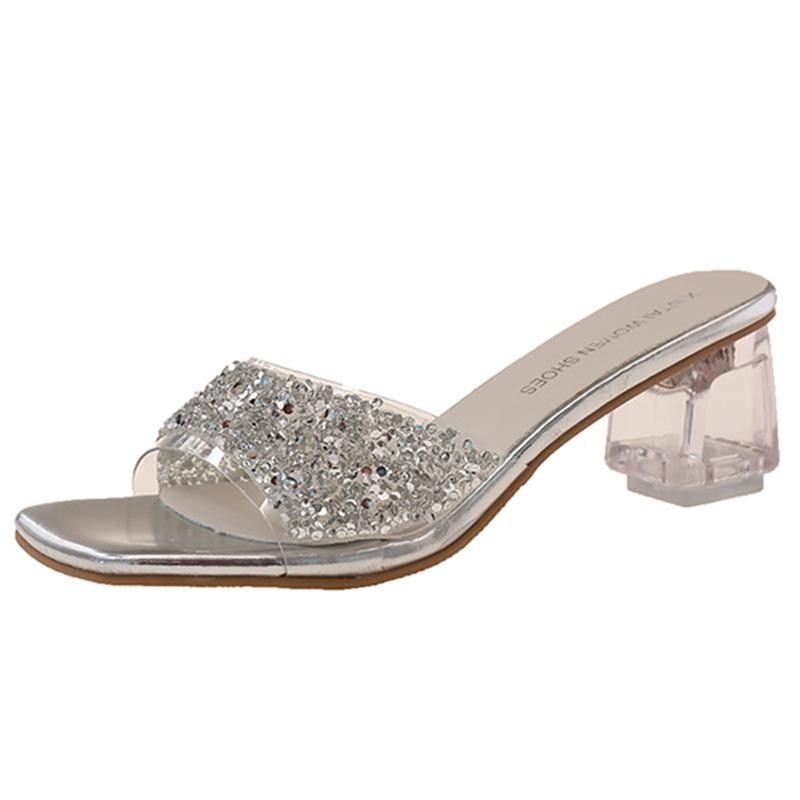 Female summer crystal feng shui slippers fashion 2025 outer wear diamond silver fairy French new thick heel high heel sandals