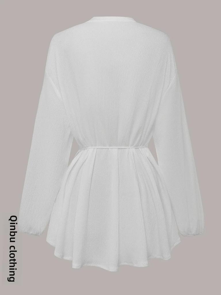 Women's 2025 White Lace-Up Button Ruffle Dress