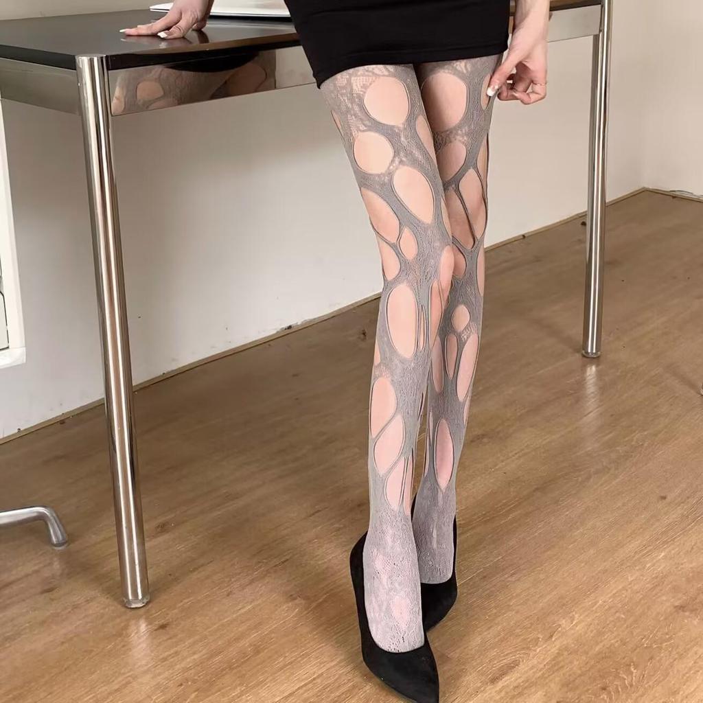 Hohle Strapsstrumpfhose mit Fischmuster - Nachtclub Schwarzseide