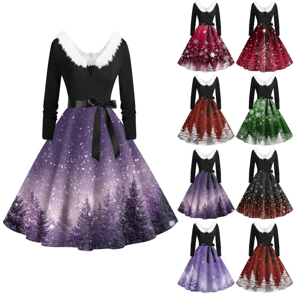 Women's Fashion V-Neck Casual Slim Christmas Printed Long Sleeve Hair Collar Dresses