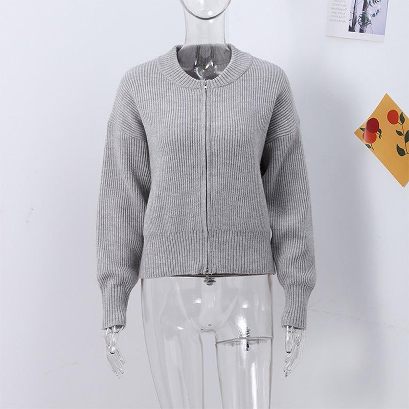 Strikket Ensfarget Dame Cardigan Løs Langermet Glidelås Dame Genser Casual Høst Vinter O-hals Rett Dame Overfrakk