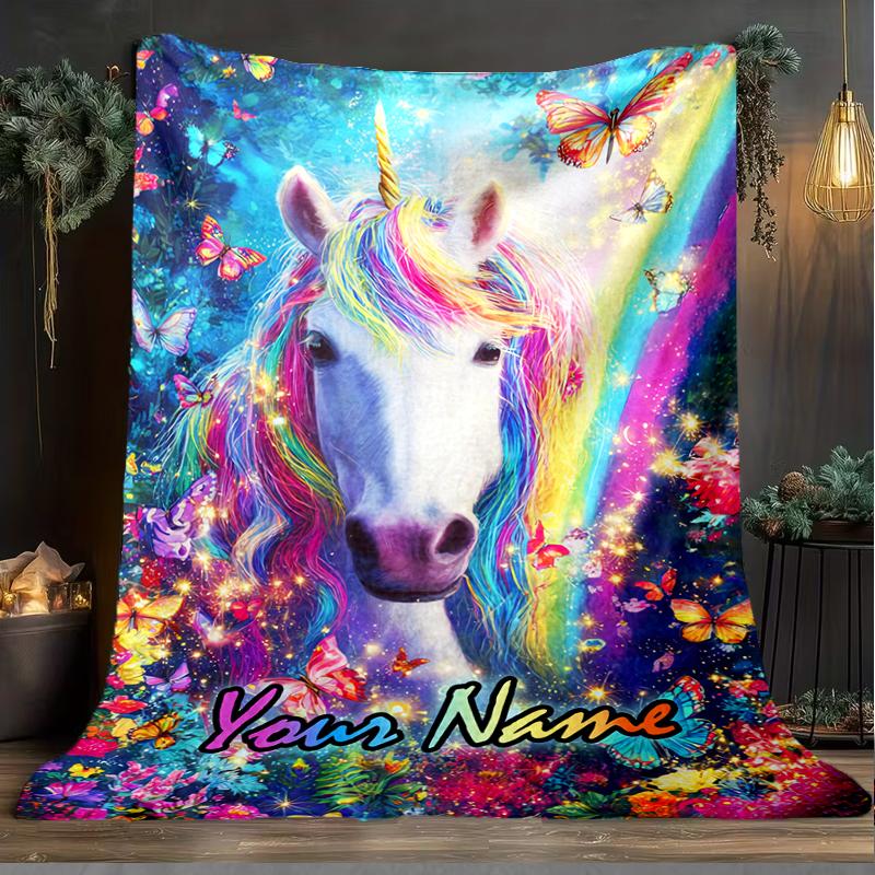 1PC Custom Name Rainbow Unicorn Fantasy outdooor Flannel blankets Patterns Throw Blanket All-Season Soft Gift for Couch, Bed, Camping gifts