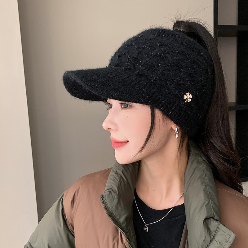 Autumn and Winter Women's Hats Hollow Cap Padded Warm Duck Tongue Cap Cold-proof Knitted Cap Thickened Wool Cap  Beret