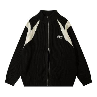 Autumn Men's Stand Collar Long Sleeve Color Block Zipper Loose Cardigan Sweater
