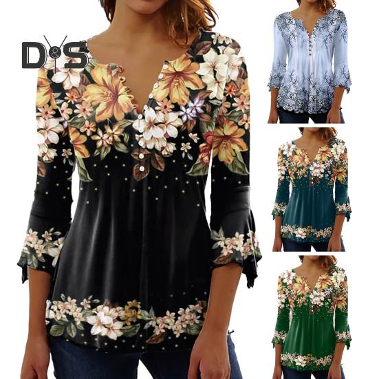 Women Spring Autumn V Neck Buttons Half Placket Blouse 3/4 Sleeves Loose Hem 3D Flower Print Pullover T Shirt Top Streetwear
