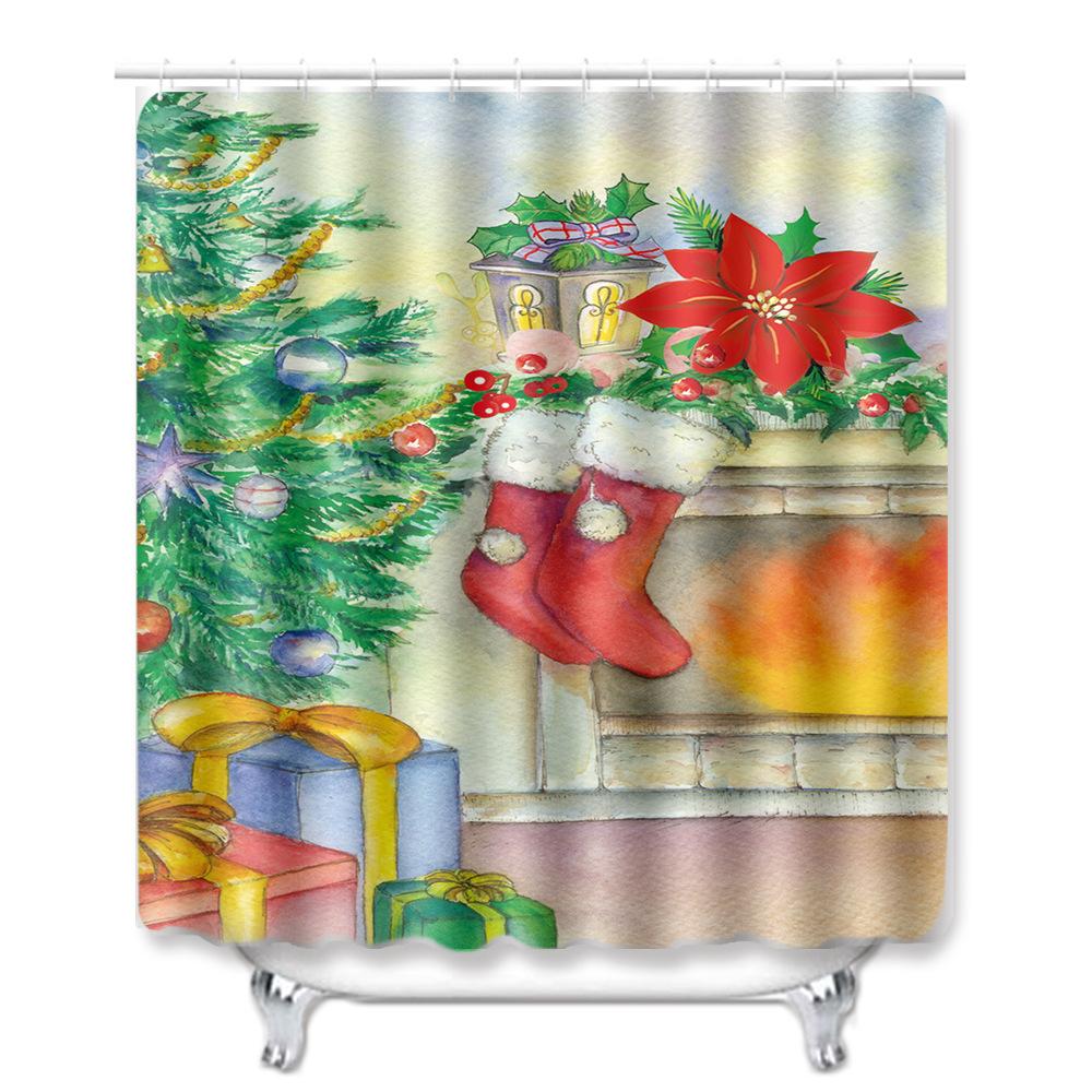 Christmas Shower Curtain Floor Mat Combination Four-Piece Set Bathroom Toilet Carpet Shower Room Mat Foot Mat
