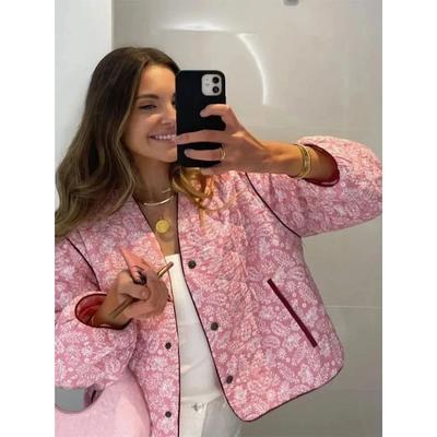 Druck Blumen Patchwork Warme Baumwolljacke Mode Bedruckt Rundhals für Damen Schicke Schnürung Lockere Jacke Damen Oberbekleidung