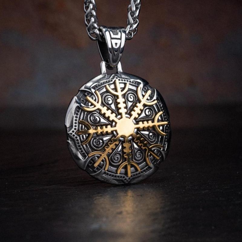 Vintage menns 316L Viking Rune Vegov Í Sir Compass Pendant Halskjede Viking Rune Compass Pendant menns amulett