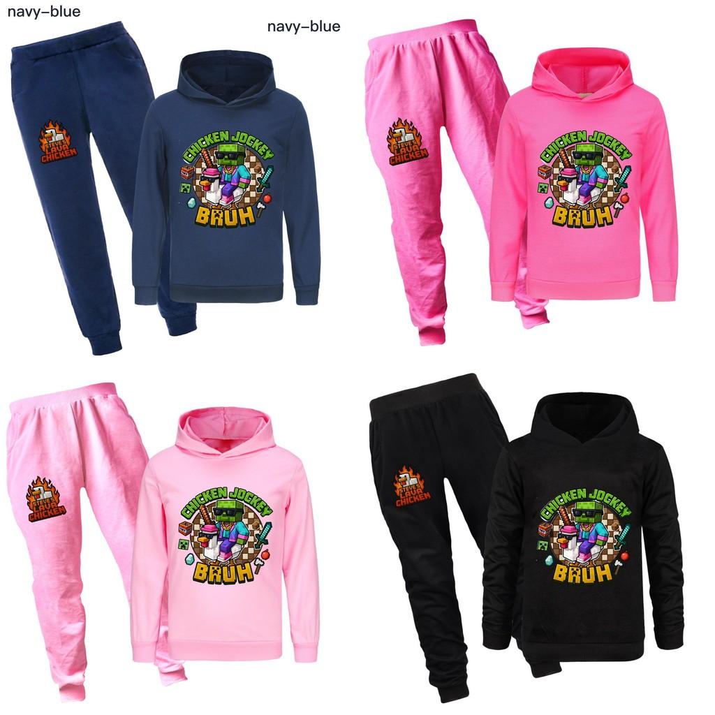Minecraft Hühner-Jockey Kinder Cartoon Hoodie und Hose Set Aus Baumwolle Für Lässige Winterkleidung