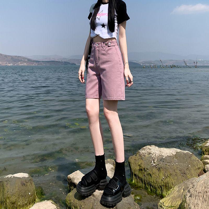 Dámské letní kovbojské šortky špinavě fialové pětiosminové středně dlouhé kalhoty s vysokým pasem, volnými širokými nohavicemi ve tvaru A, horké kalhotky se zeštíhlujícím efektem