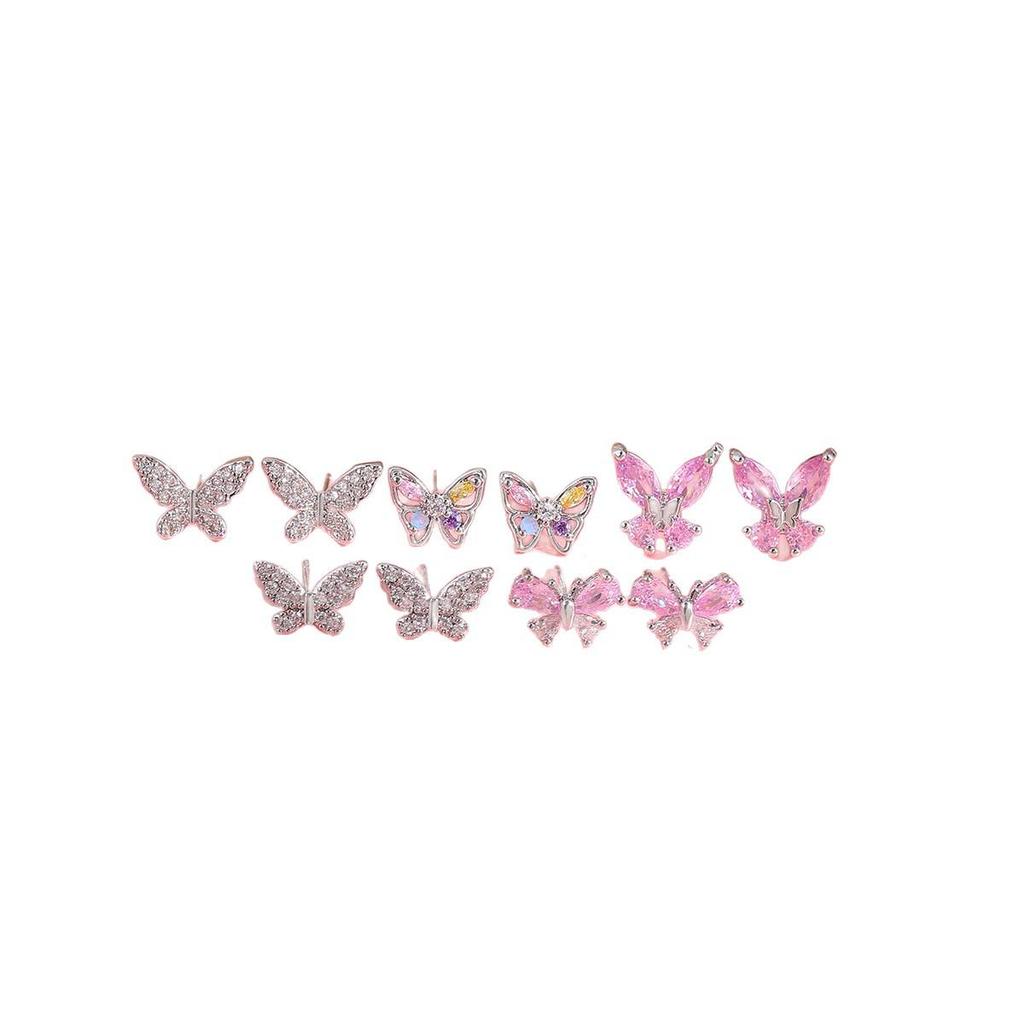 Copper-Plated Gold & 925 Silver Butterfly Earrings with Pink Diamond & Rainbow Zirconia for Women