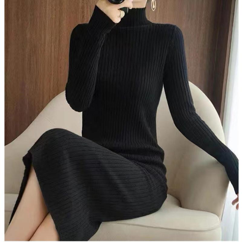 Autumn and Winter New Semi-turtleneck Solid Color Tight-fitting Sweater Dress Women's Long Slim-fitting Knitted Sweater
