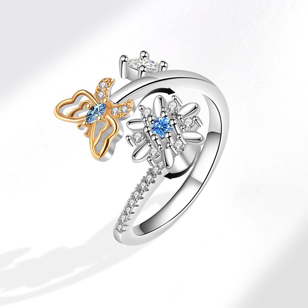 Verstellbares Offenes Gänseblümchen Schmetterling Ring Set Für Damen Drehende Blume Zirkon Ringe Elegantes Schmuckstück Geschenk