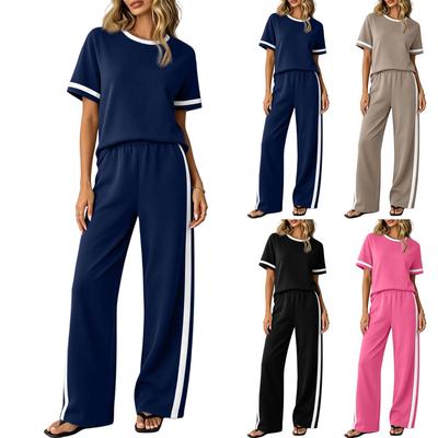 Women's Two Piece Set Casual Lounge Outfit Short Sleeve Top and Wide Leg Pants Soft Fabric Comfortable Fit Relaxed Style