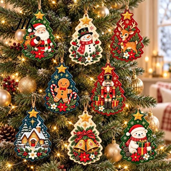 Christmas Window Hanging Decor 8Pcs Wooden Ornaments with Hemp Rope for Holiday Tree Decorations, Decorative Santa Rustic Claus Snowman Gingerbread