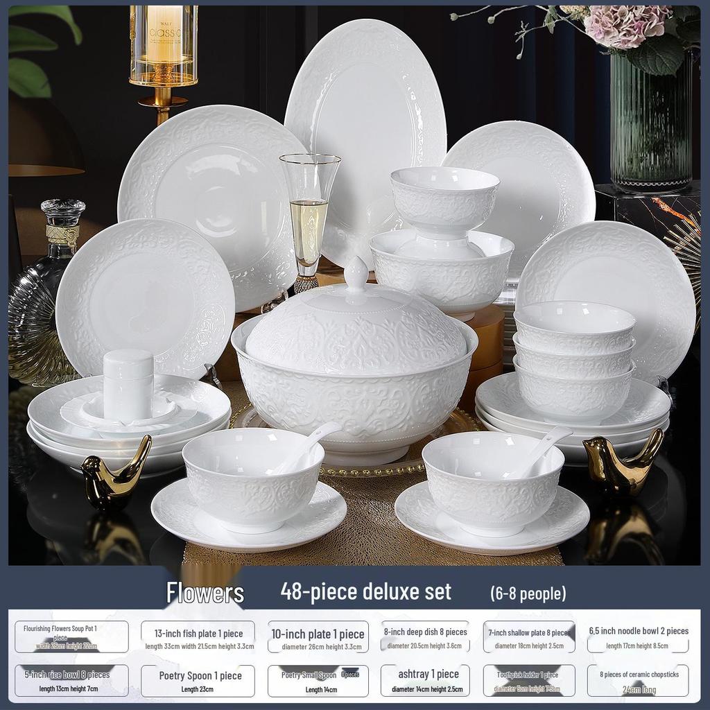 High-End Light Luxury Relief Porcelain Dinnerware Set - Simple White Design