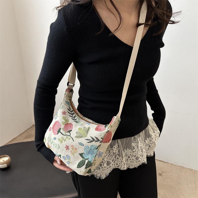 Stylish Casual Artistic Printed Crescent Bag In Deep Blue And Cream For Trendy Outings
