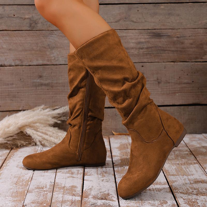 Women's Plus Size Mid-Calf Combat Boots with Side Zip and Slouchy Pleated Detail – Autumn Winter New Arrival Genuine Leather Ankle Boots