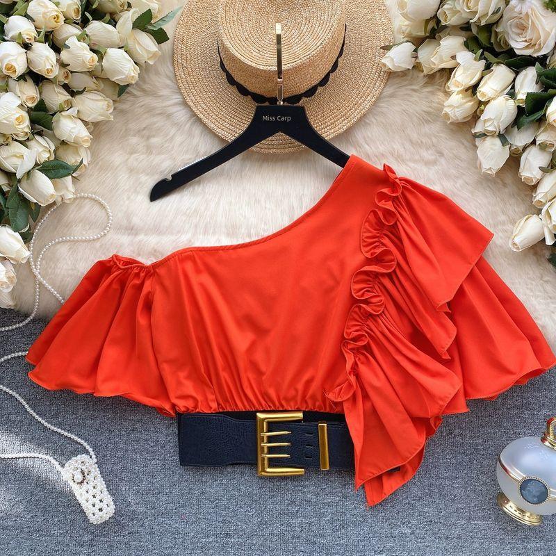 

2024 European Shirt Best Selling Stylish One-Shoulder Cold-Shoulder Sweet Fungus Ruffle Sleeve Short Shirt Women s Blouse Orange One size