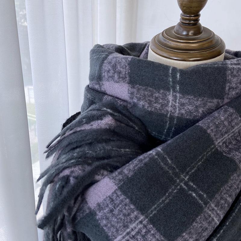 2024 Autumn/Winter Women's Plaid Scarf - Versatile Medium/Long Imitation Cashmere Tassel Shawl