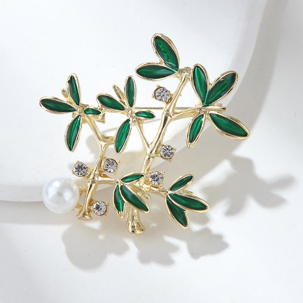 Festival High Rise Rich and Noble Bamboo Brooch Female Delicate Green Bamboo Anti-glossy Pin Chinese Style Pearl Corsage Long-Lasting Color Brooch